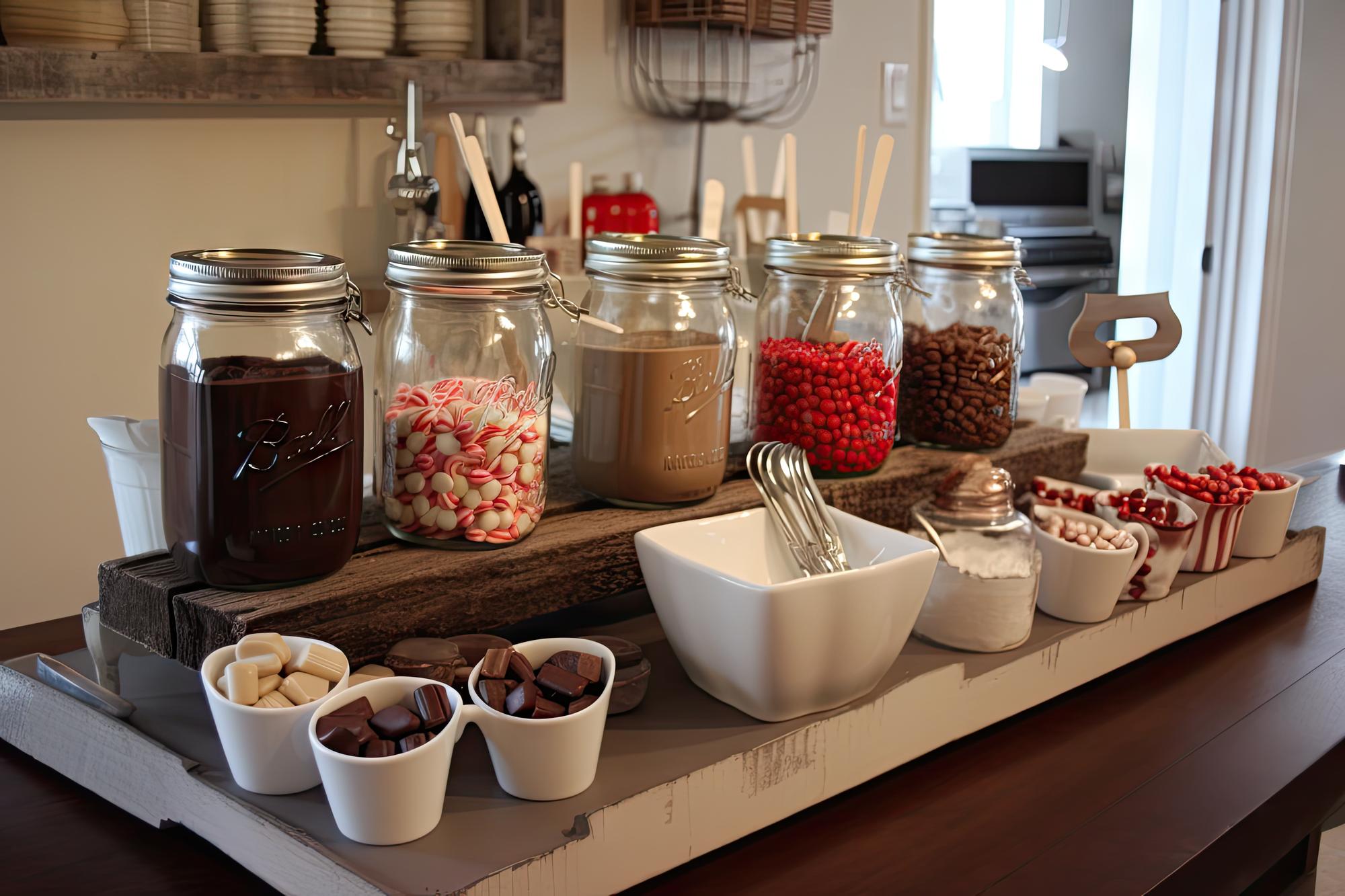 Staged kitchen prep area with labels